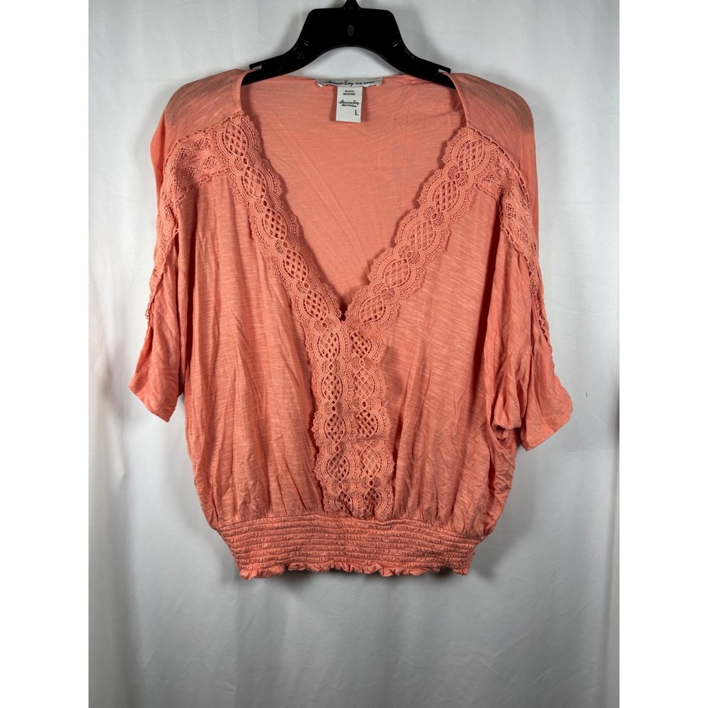 American Rag Mens Coral Crochet Lace V-Neck Smocked‎ Hem Blouson Top Large